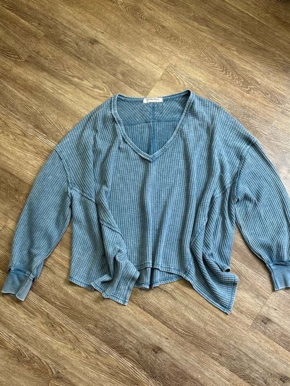 We The Free Coraline Thermal Waffle Knit V-Neck Top in Legion Blue
